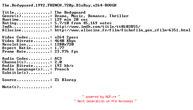NFO for the release The.Bodyguard.1992.FRENCH.720p.BluRay.x264-ROUGH by ROUGH