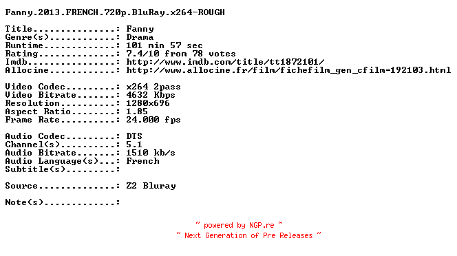 NFO for the release Fanny.2013.FRENCH.720p.BluRay.x264-ROUGH by ROUGH
