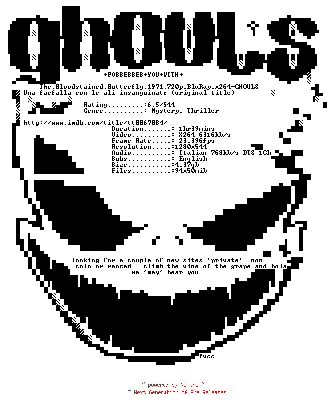 NFO for the release The.Bloodstained.Butterfly.1971.720p.BluRay.x264-GHOULS by GHOULS