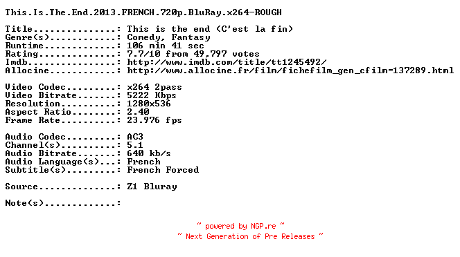 NFO for the release This.Is.The.End.2013.FRENCH.720p.BluRay.x264-ROUGH by ROUGH