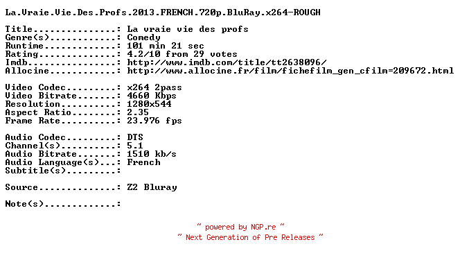 NFO for the release La.Vraie.Vie.Des.Profs.2013.FRENCH.720p.BluRay.x264-ROUGH by ROUGH