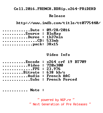 NFO for the release Cell.2016.FRENCH.BDRip.x264-PRiDEHD by PRiDEHD