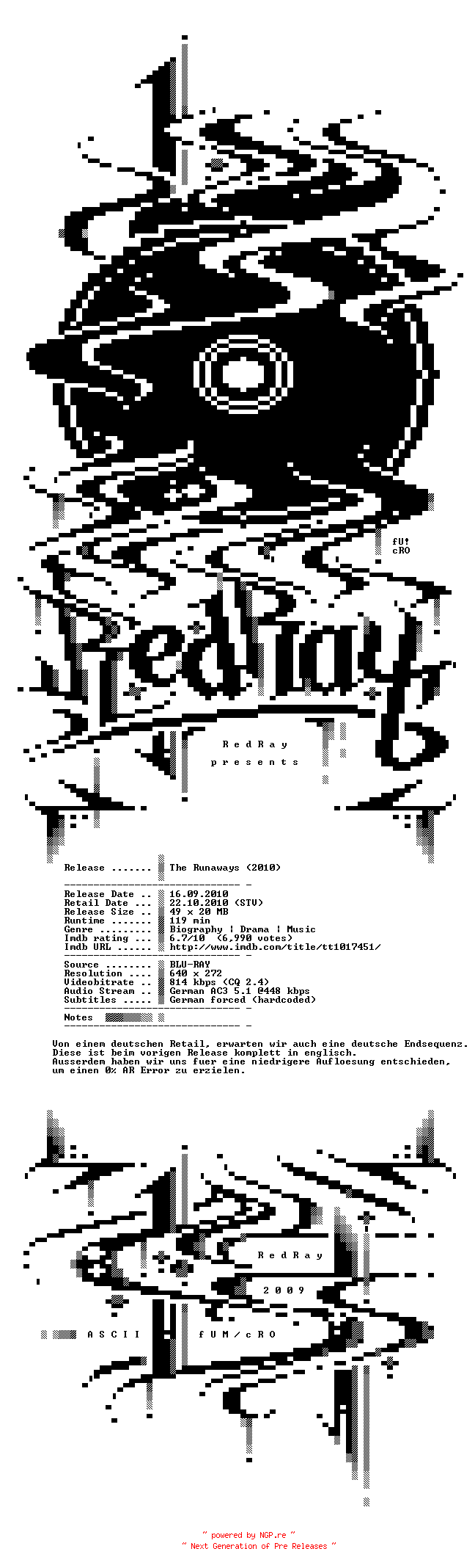 NFO for the release The.Runaways.2010.German.AC3.BDRip.XviD.PROPER-RedRay by RedRay