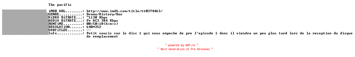 NFO for the release The.Pacific.E06.FRENCH.BDRiP.XViD-THENiGHTMARE by THENiGHTMARE