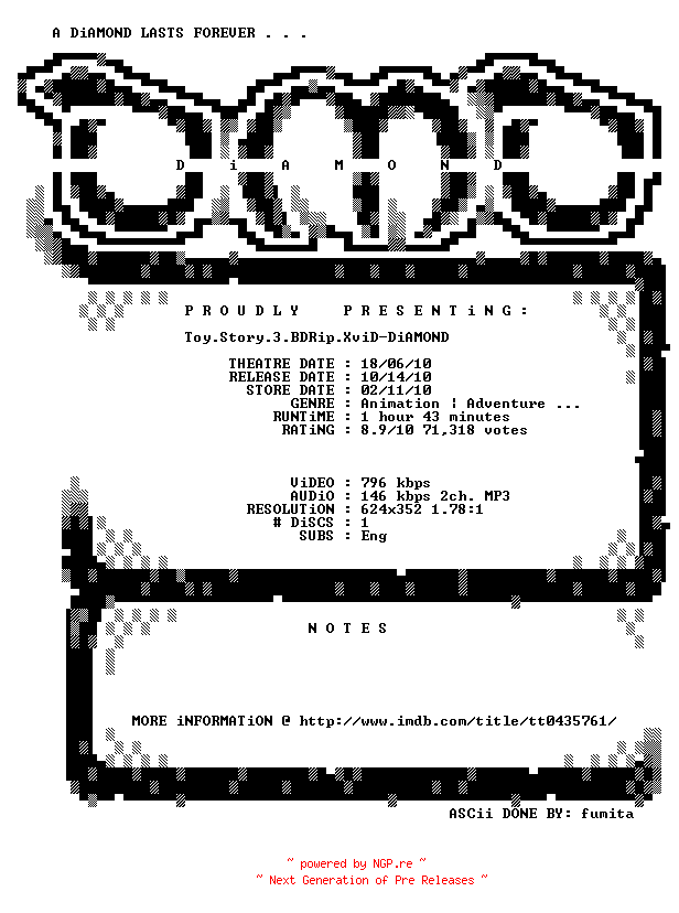 NFO for the release Toy.Story.3.BDRip.XviD-DiAMOND by DiAMOND