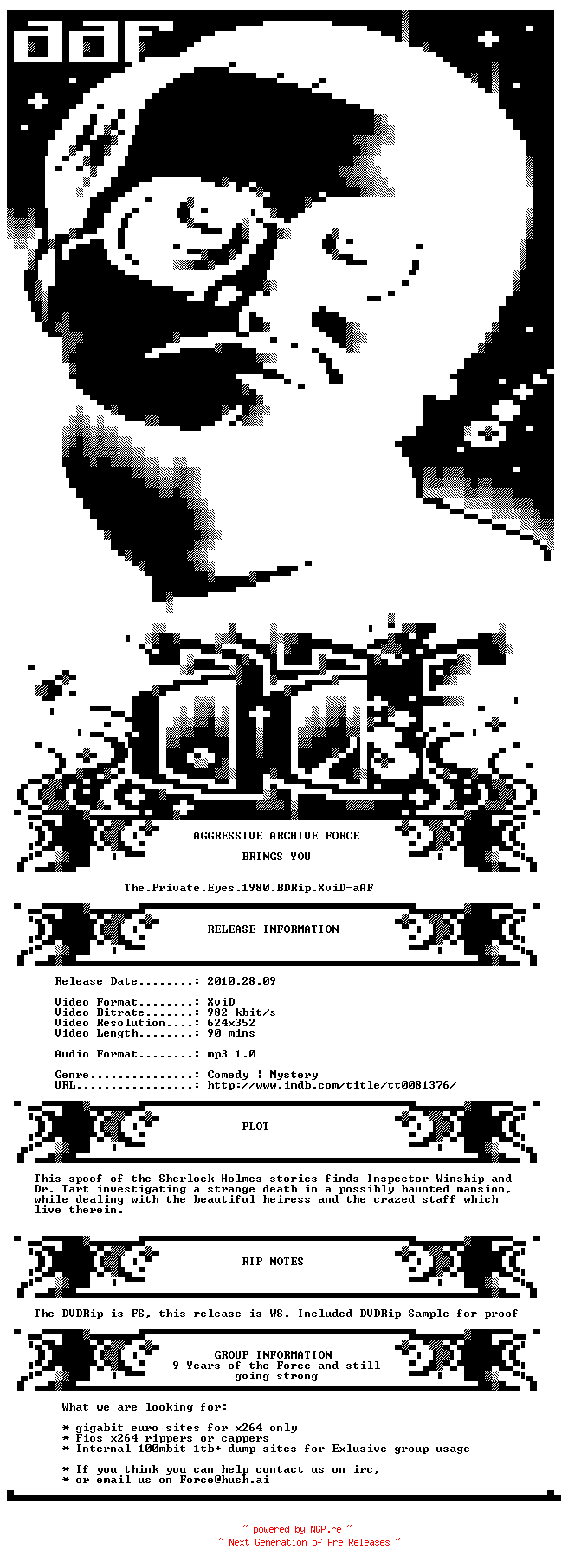NFO for the release The.Private.Eyes.1980.WS.BDRip.XviD-aAF by aAF