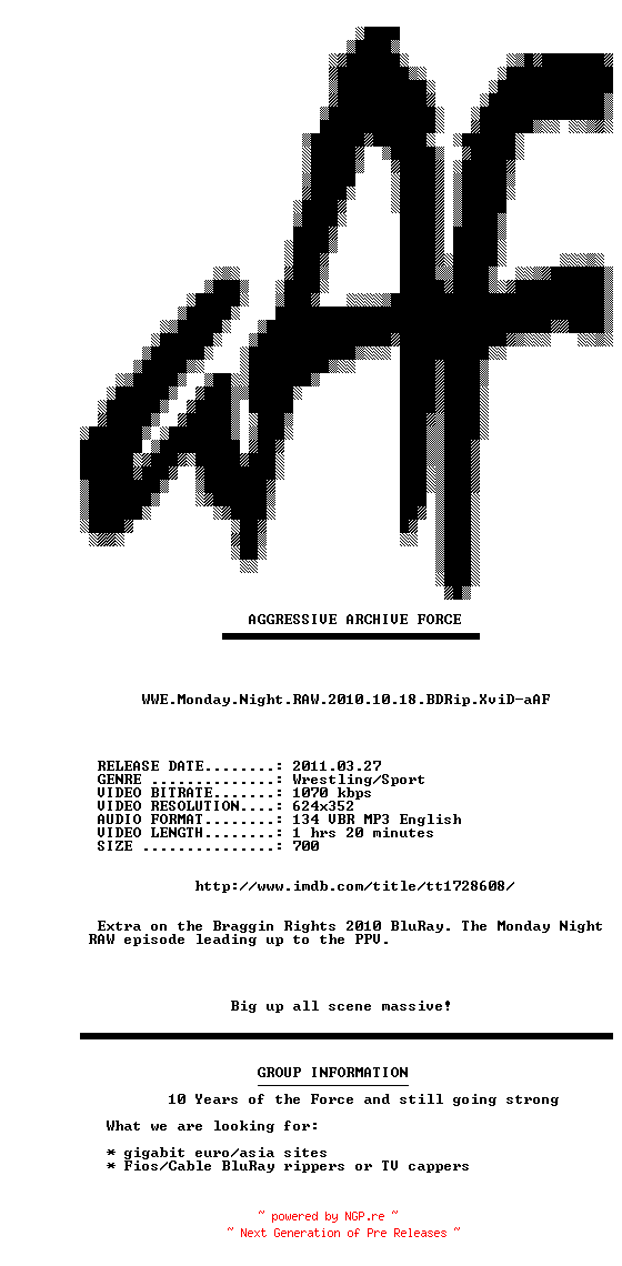 NFO for the release WWE.Monday.Night.RAW.2010.10.18.BDRip.XviD-aAF by aAF