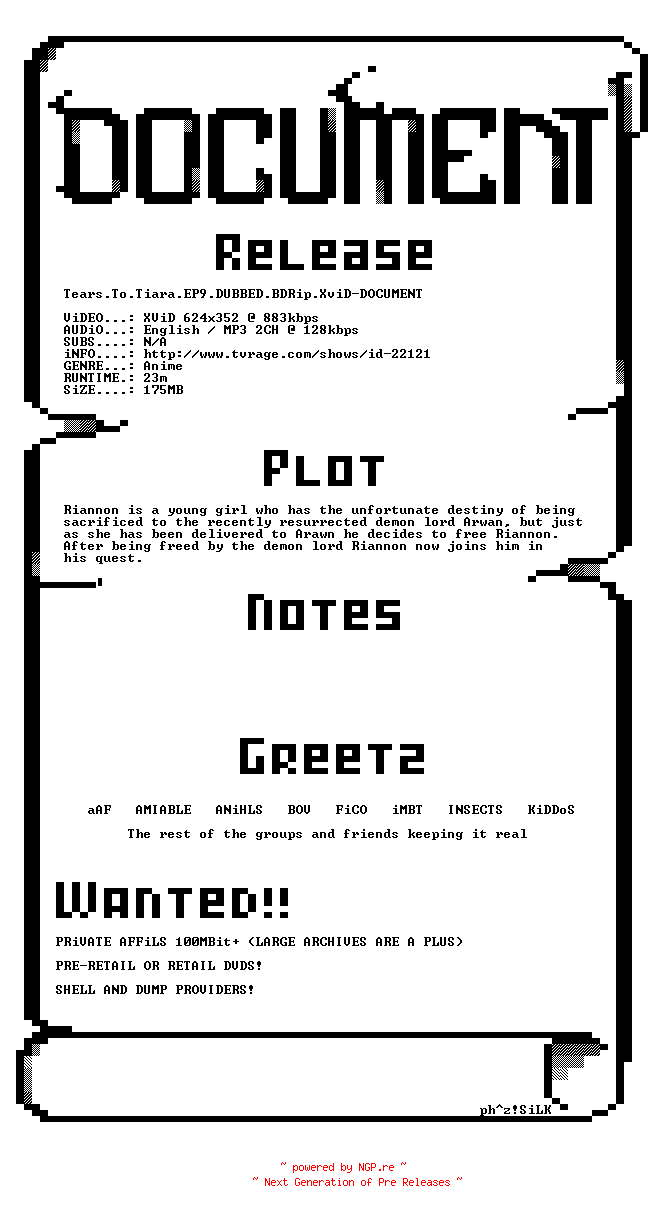 NFO for the release Tears.To.Tiara.EP9.DUBBED.BDRip.XviD-DOCUMENT by DOCUMENT