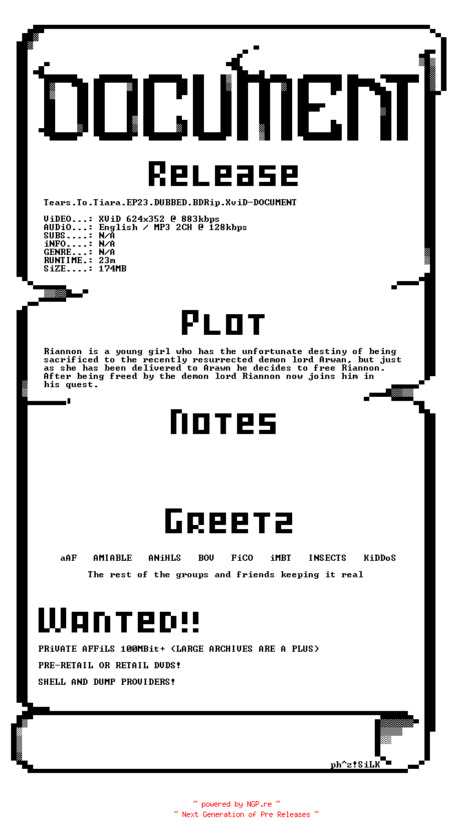 NFO for the release Tears.To.Tiara.EP23.DUBBED.BDRip.XviD-DOCUMENT by DOCUMENT