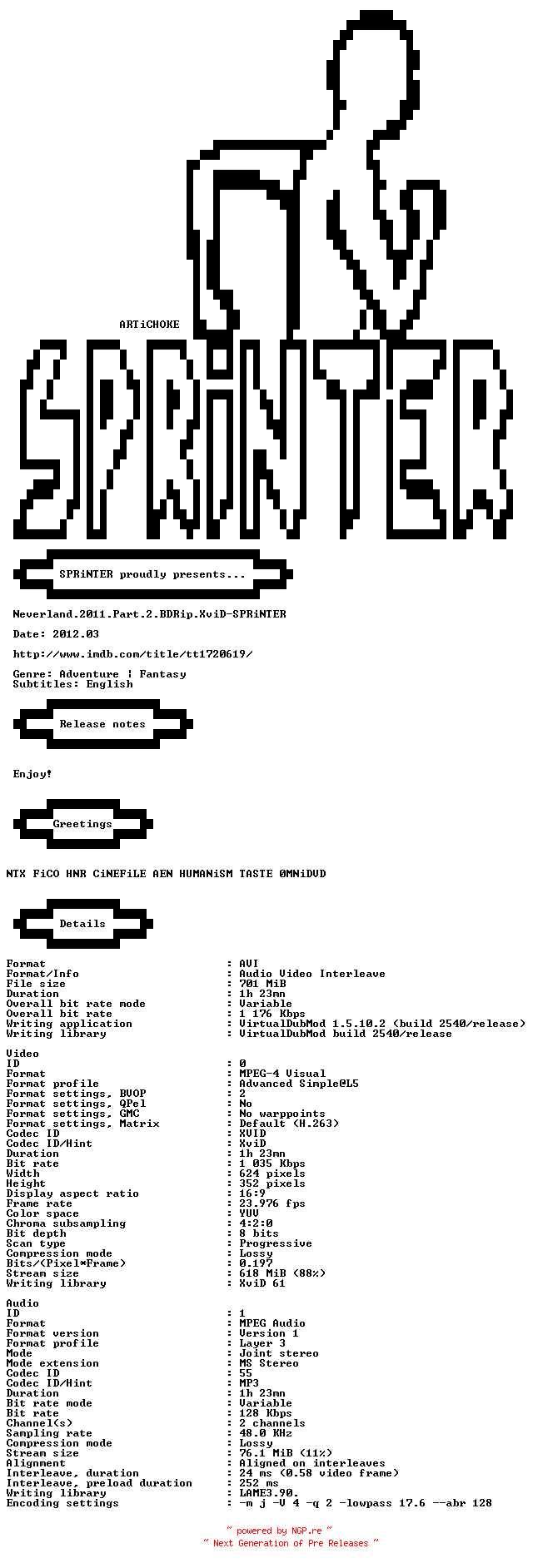 NFO for the release Neverland.2011.Part.2.BDRip.XviD-SPRiNTER by SPRiNTER
