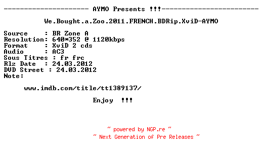 NFO for the release We.Bought.a.Zoo.2011.FRENCH.BDRip.XviD-AYMO by AYMO