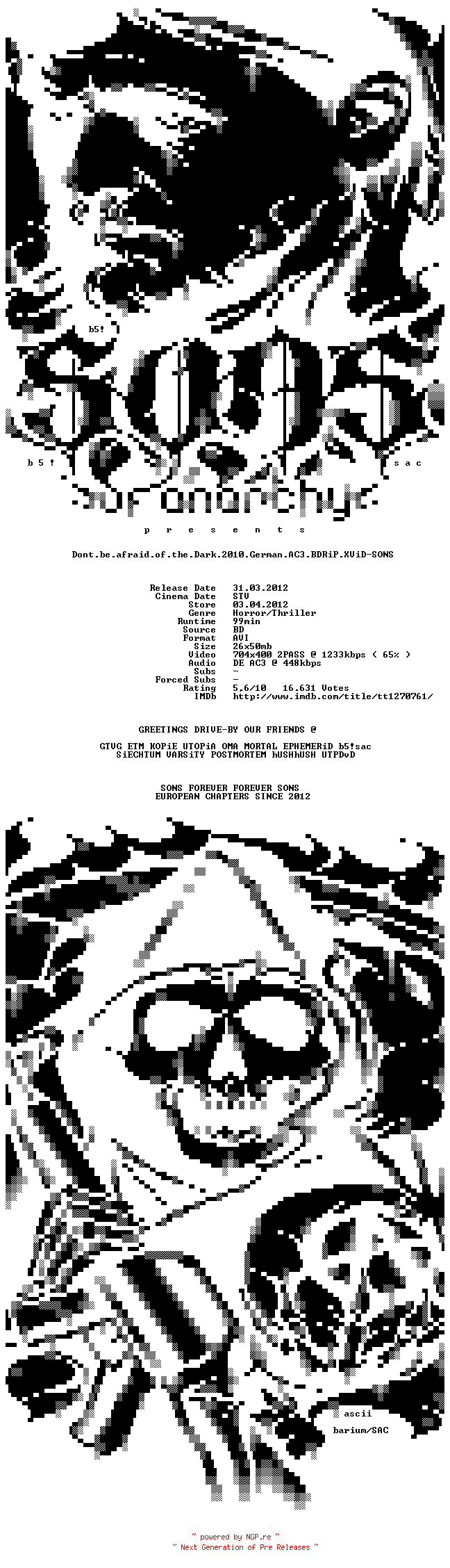 NFO for the release Dont.be.afraid.of.the.Dark.2010.German.AC3.BDRiP.XViD-SONS by SONS