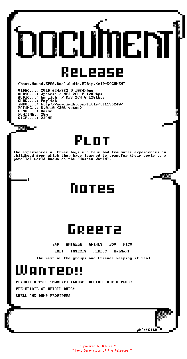 NFO for the release Ghost.Hound.EP06.Dual.Audio.BDRip.XviD-DOCUMENT by DOCUMENT