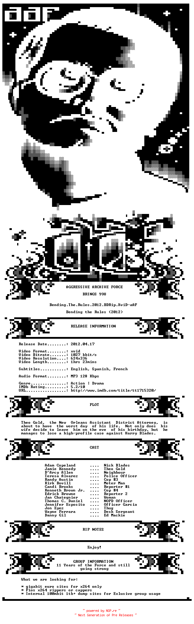 NFO for the release Bending.The.Rules.2012.BDRip.XviD-aAF by aAF