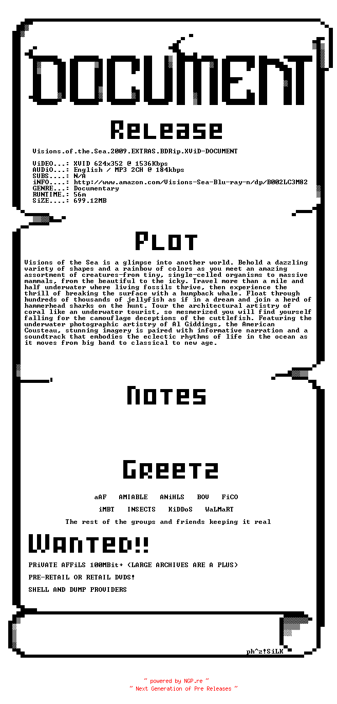 NFO for the release Visions.of.the.Sea.2009.EXTRAS.BDRip.XViD-DOCUMENT by DOCUMENT