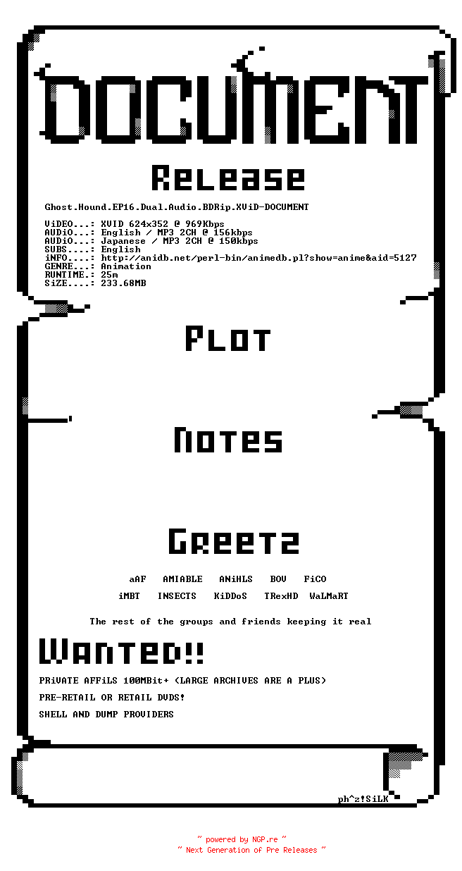 NFO for the release Ghost.Hound.EP16.Dual.Audio.BDRip.XViD-DOCUMENT by DOCUMENT