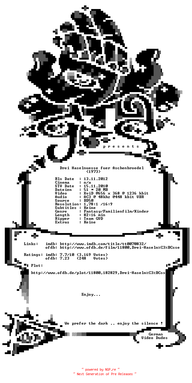 NFO for the release Drei.Haselnuesse.fuer.Aschenbroedel.1973.German.AC3.BDRip.XviD-GVD by GVD