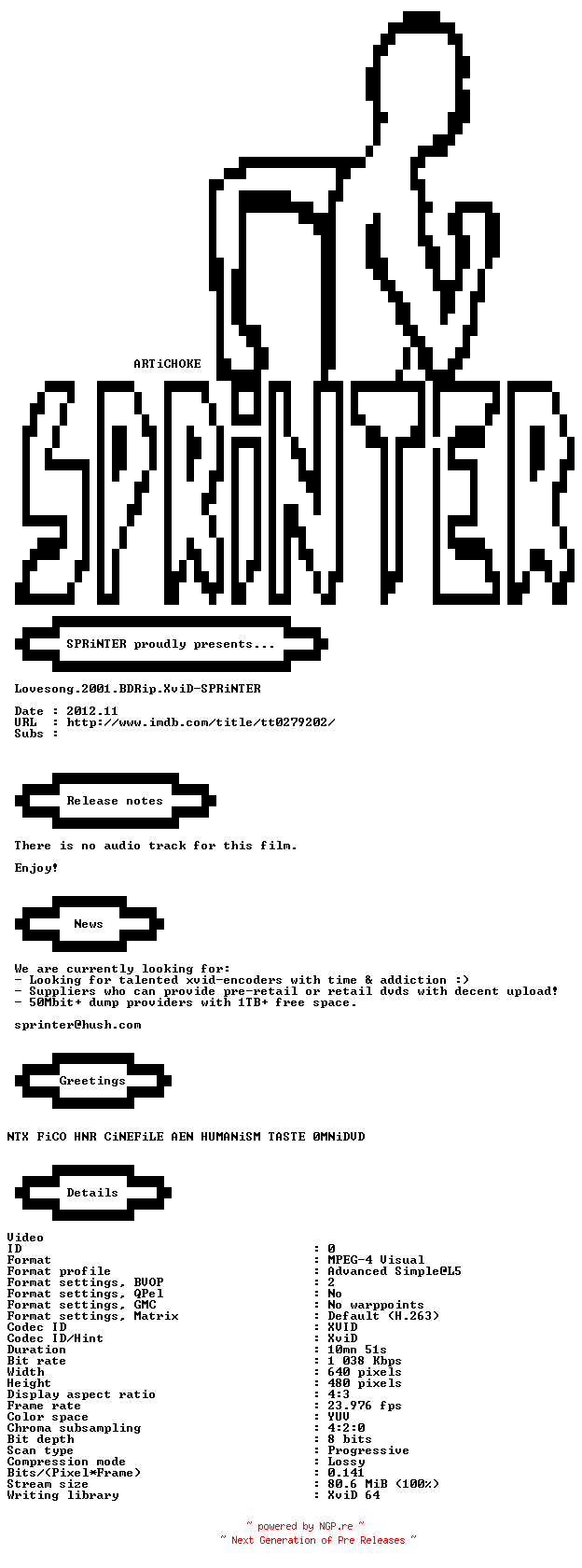NFO for the release Lovesong.2001.BDRip.XviD-SPRiNTER by SPRiNTER