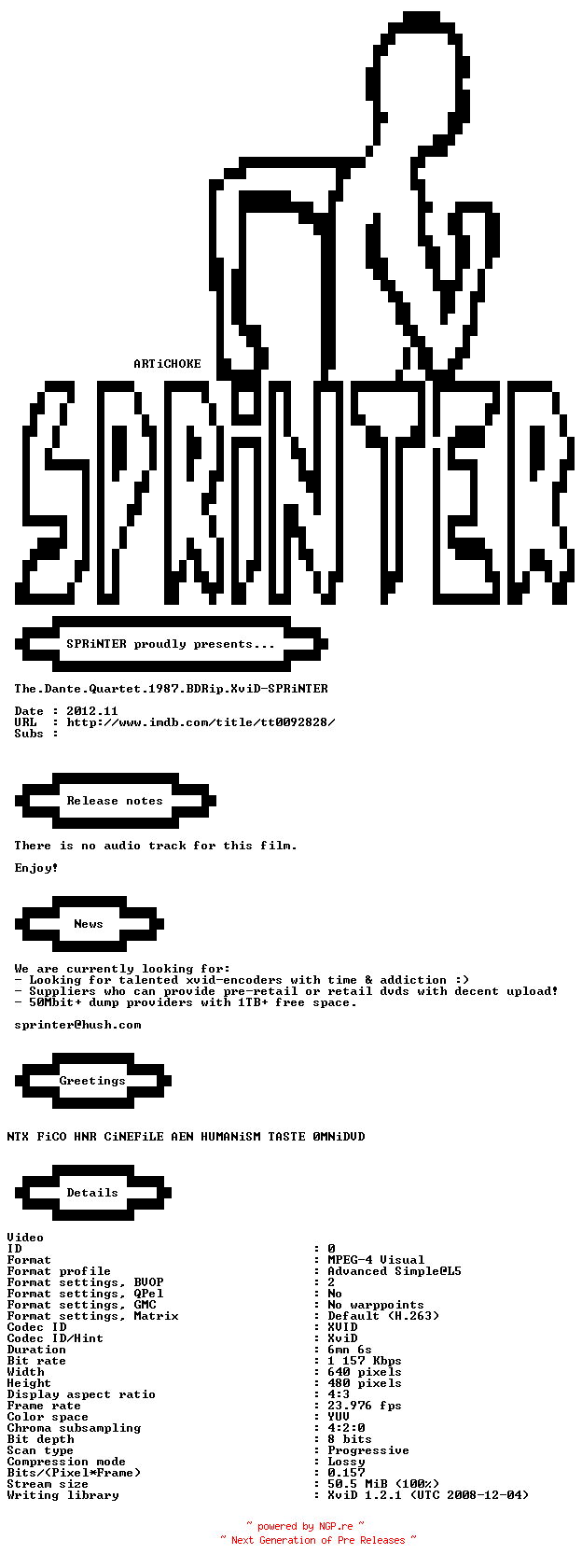 NFO for the release The.Dante.Quartet.1987.BDRip.XviD-SPRiNTER by SPRiNTER