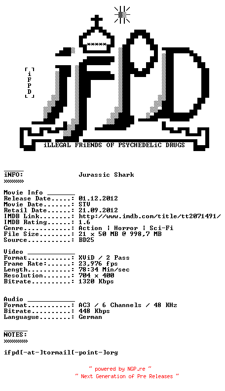 NFO for the release Jurassic.Shark.2012.German.AC3.BDRiP.XViD-iFPD by iFPD