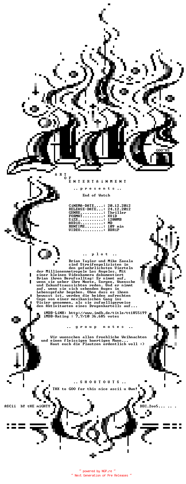 NFO for the release End.of.Watch.BDRiP.MD.German.XViD.MERRY.XMAS-AOE by AOE