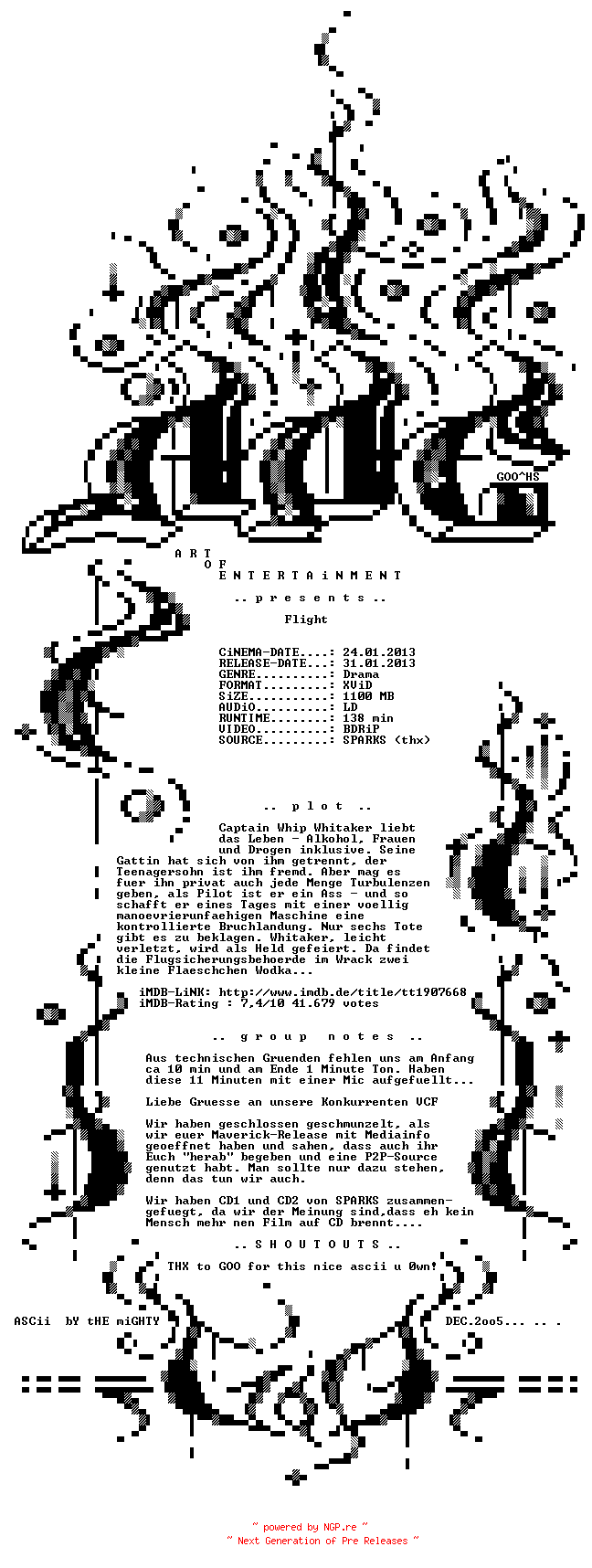 NFO for the release Flight.BDRiP.LD.German.iNTERNAL.XViD-AOE by AOE