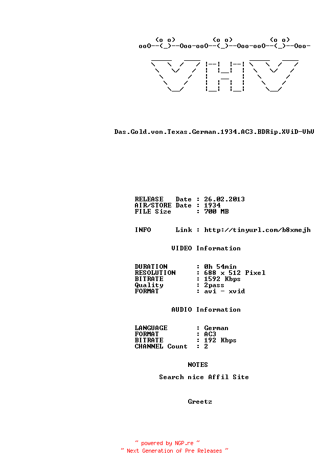 NFO for the release Das.Gold.von.Texas.German.1934.AC3.BDRip.XViD-VhV by VhV