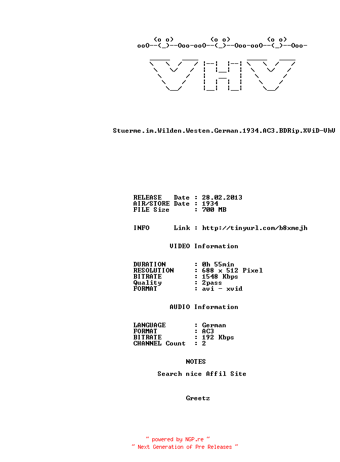 NFO for the release Stuerme.im.Wilden.Westen.German.1934.AC3.BDRip.XViD-VhV by VhV