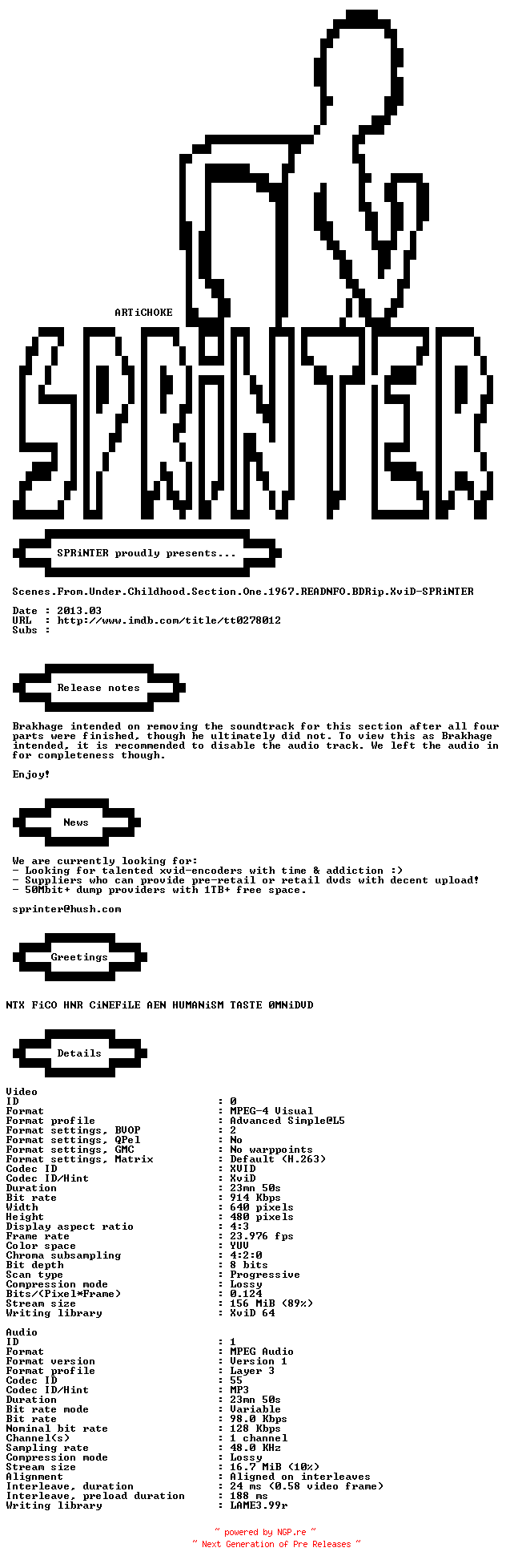 NFO for the release Scenes.From.Under.Childhood.Section.One.1967.READNFO.BDRip.XviD-SPRiNTER by SPRiNTER