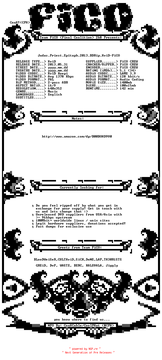 NFO for the release Judas.Priest.Epitaph.2013.BDRip.XviD-FiCO by FiCO