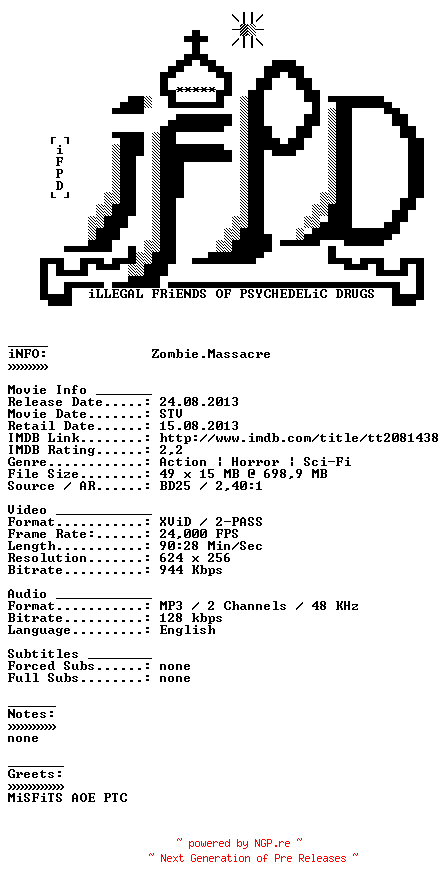 NFO for the release Zombie.Massacre.2013.BDRip.XviD-iFPD by iFPD