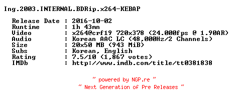 NFO for the release Ing.2003.INTERNAL.BDRip.x264-KEBAP by KEBAP