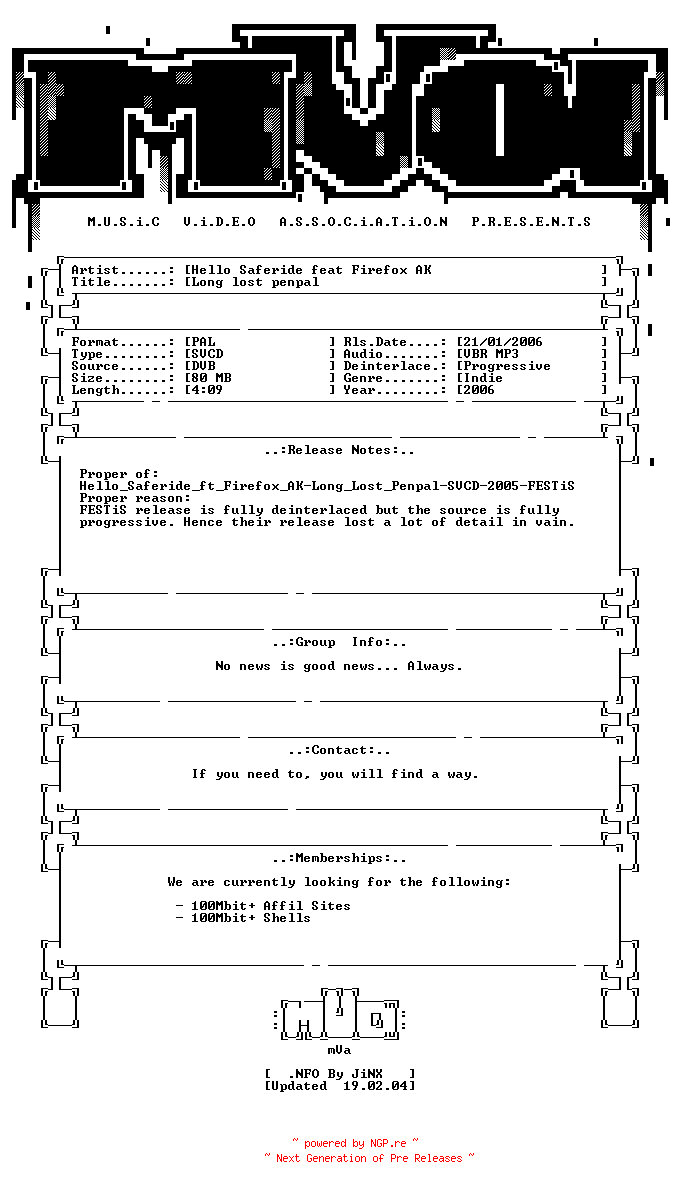 NFO for the release Hello_saferide_feat_firefox_ak-long_lost_penpal-proper-svcd-2006-mVa by mVa