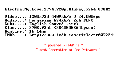 NFO for the release Electra.My.Love.1974.720p.BluRay.x264-USURY by USURY