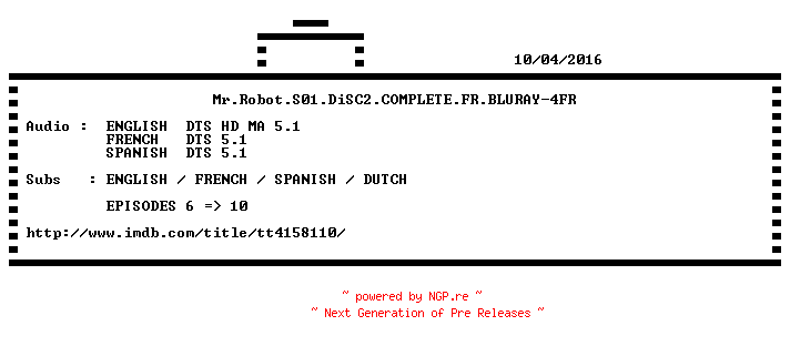 NFO for the release Mr.Robot.S01.DiSC2.COMPLETE.FR.BLURAY-4FR by 4FR