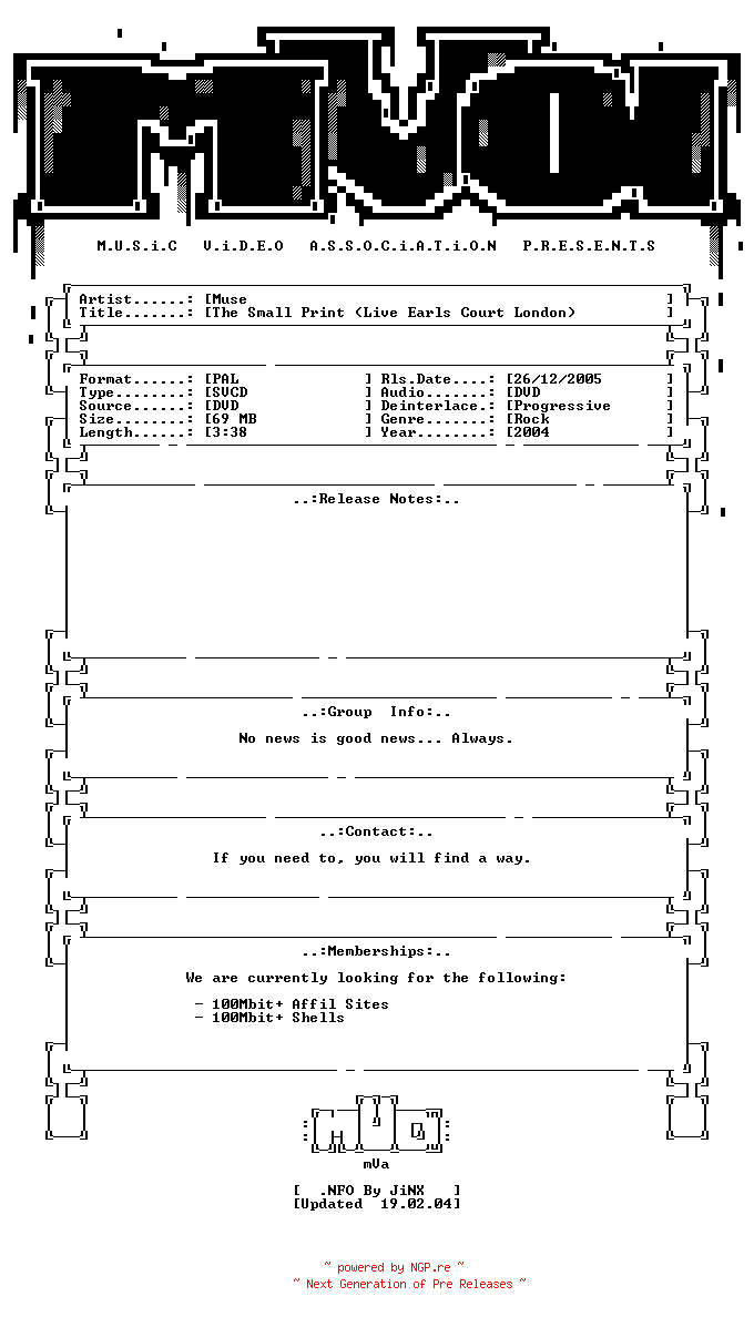 NFO for the release Muse-the_small_print_(live_earls_court_london)-dvdrip-svcd-2004-mVa by mVa