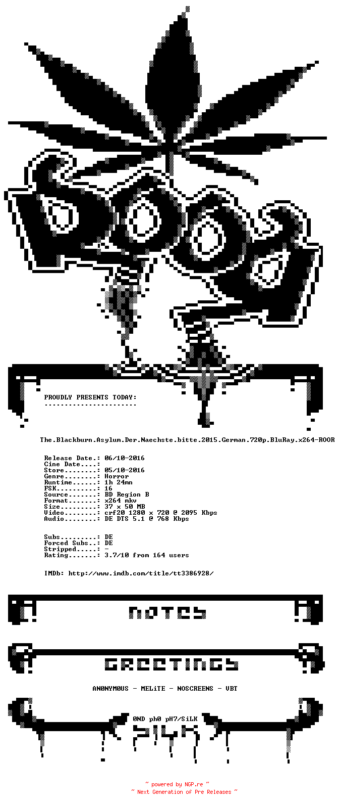 NFO for the release The.Blackburn.Asylum.Der.Naechste.bitte.2015.German.720p.BluRay.x264-ROOR by ROOR