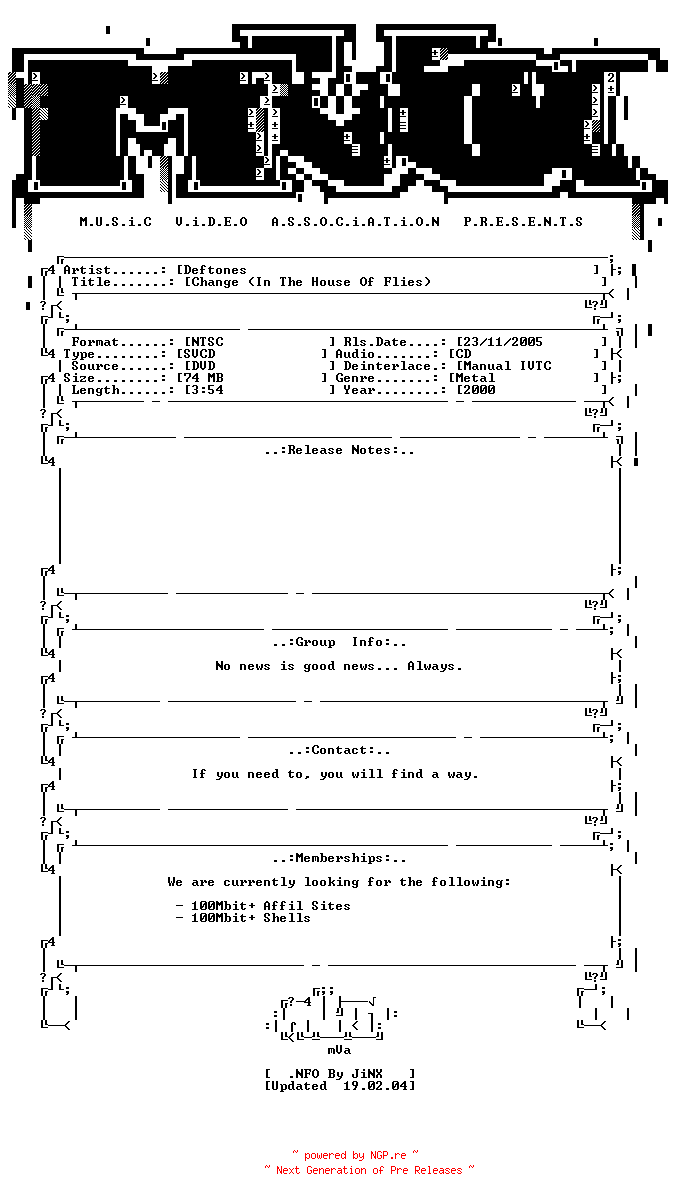 NFO for the release Deftones-change_(in_the_house_of_flies)-dvdrip-svcd-2000-mVa by mVa