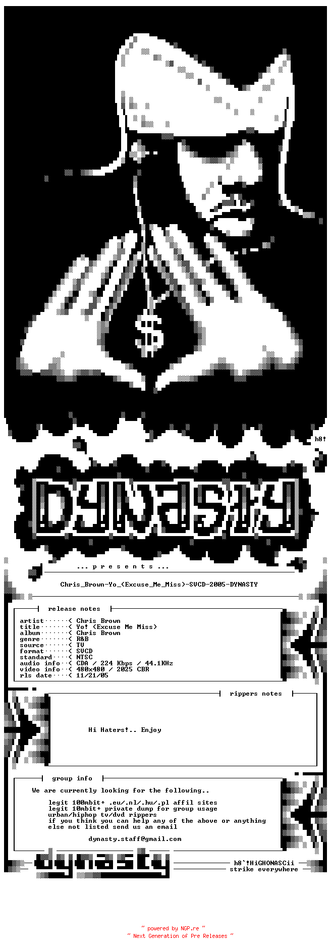 NFO for the release Chris_Brown-Yo_(Excuse_Me_Miss)-SVCD-2005-DYNASTY by DYNASTY