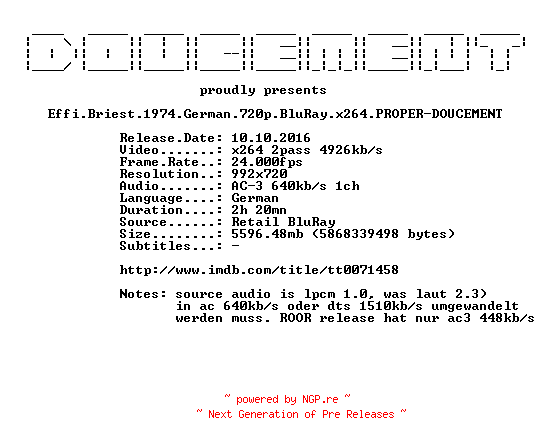 NFO for the release Effi.Briest.1974.German.720p.BluRay.x264.PROPER-DOUCEMENT by DOUCEMENT