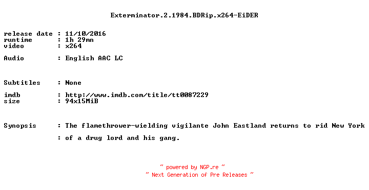 NFO for the release Exterminator.2.1984.BDRip.x264-EiDER by EiDER