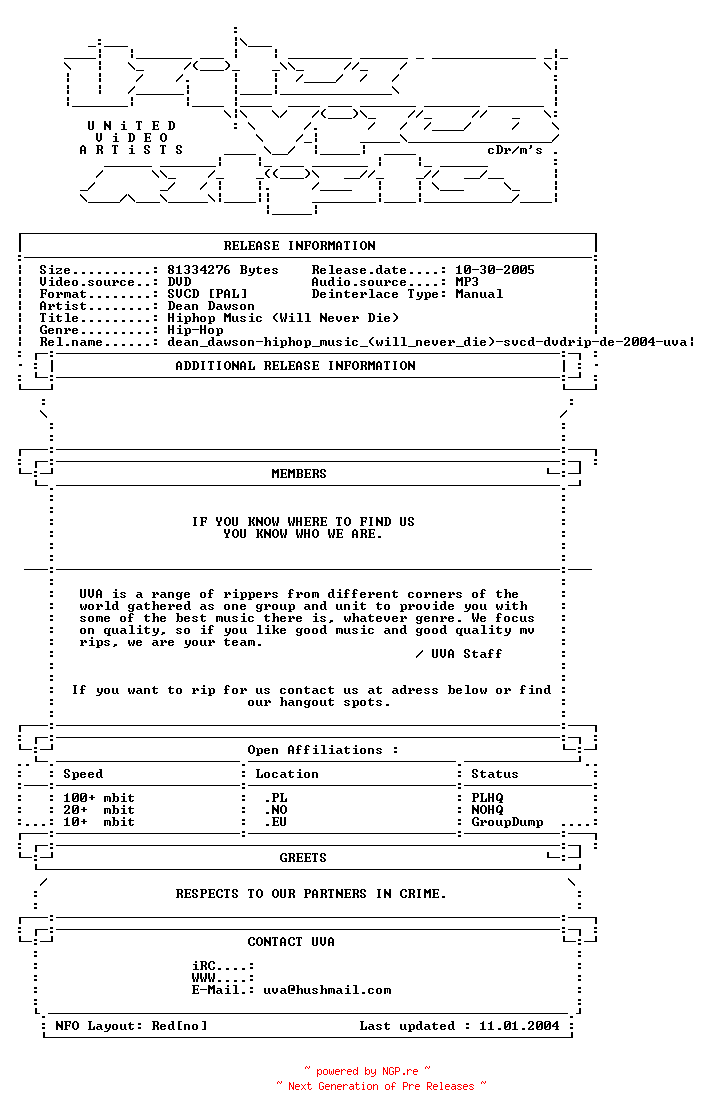 NFO for the release Dean_dawson-hiphop_music_(will_never_die)-svcd-dvdrip-de-2004-uva by uva