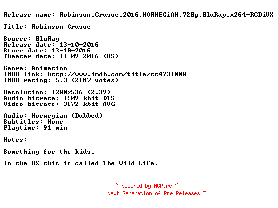 NFO for the release Robinson.Crusoe.2016.NORWEGiAN.720p.BluRay.x264-RCDiVX by RCDiVX