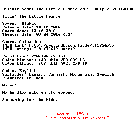 NFO for the release The.Little.Prince.2015.BDRip.x264-RCDiVX by RCDiVX