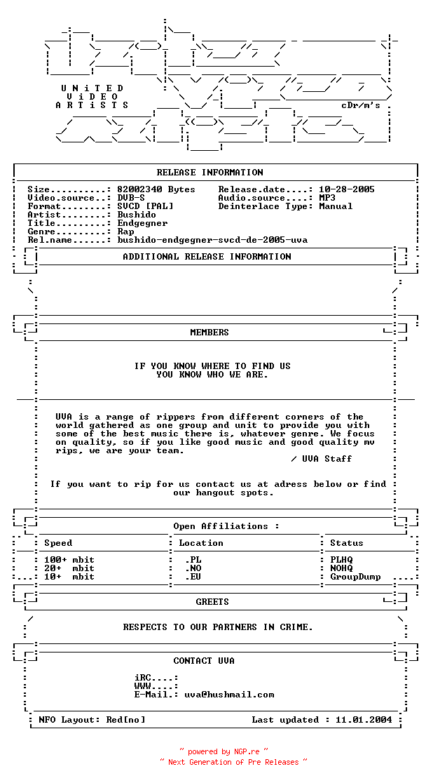 NFO for the release Bushido-endgegner-svcd-de-2005-uva by uva
