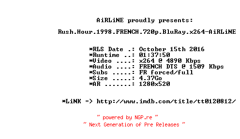 NFO for the release Rush.Hour.1998.FRENCH.720p.BluRay.x264-AiRLiNE by AiRLiNE