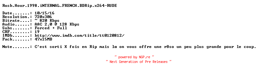 NFO for the release Rush.Hour.1998.iNTERNAL.FRENCH.BDRip.x264-RUDE by RUDE