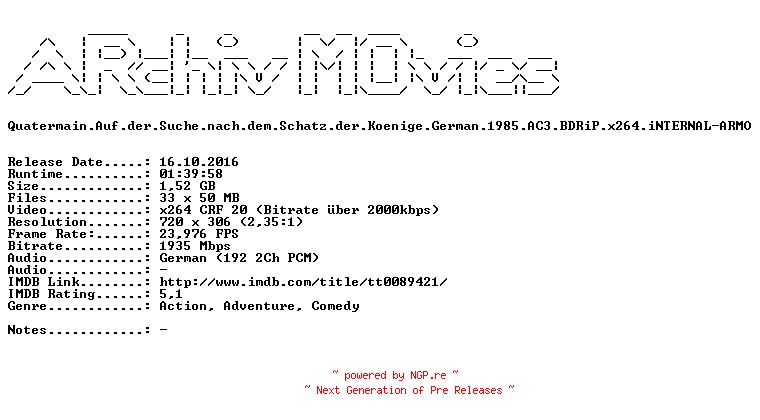 NFO for the release Quatermain.Auf.der.Suche.nach.dem.Schatz.der.Koenige.German.1985.AC3.BDRiP.x264.iNTERNAL-ARMO by ARMO