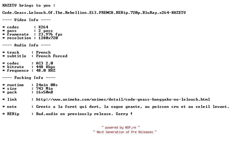 NFO for the release Code.Geass.Lelouch.Of.The.Rebellion.E13.FRENCH.RERiP.720p.BluRay.x264-KAZETV by KAZETV
