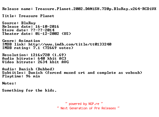 NFO for the release Treasure.Planet.2002.DANiSH.720p.BluRay.x264-RCDiVX by RCDiVX
